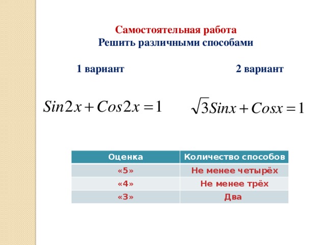 Самостоятельная работа Решить различными способами   1 вариант 2 вариант  Оценка «5» Количество способов «4» Не менее четырёх Не менее трёх «3» Два