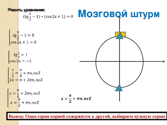 Решить уравнение:   Мозговой штурм           Вывод: Одна серия корней содержится в другой, выбираем нужную серию