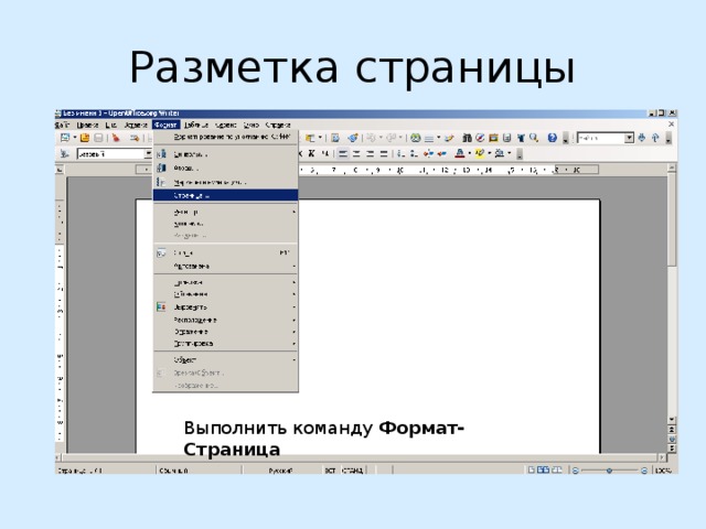 Разметка страницы Выполнить команду Формат-Страница 