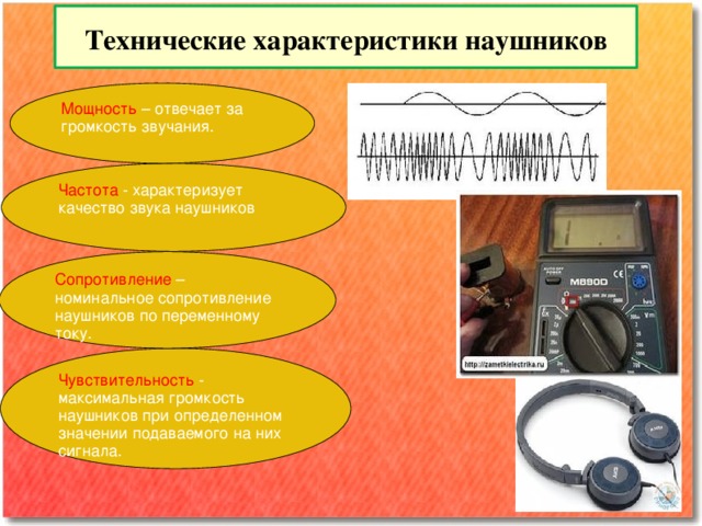 Технические характеристики наушников Мощность – отвечает за громкость звучания. Частота - характеризует качество звука наушников Сопротивление – номинальное сопротивление наушников по переменному току. Чувствительность - максимальная громкость наушников при определенном значении подаваемого на них сигнала. 