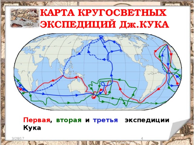 КАРТА КРУГОСВЕТНЫХ ЭКСПЕДИЦИЙ Дж.КУКА Первая , вторая и третья экспедиции Кука 3/28/17  