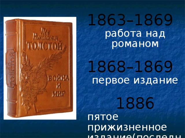 1863–1869 работа над романом 1868–1869 первое издание 1886 пятое прижизненное издание(последнее) 