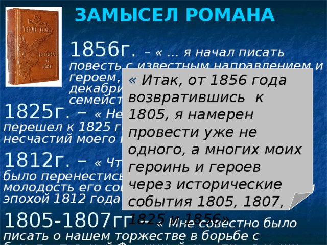 ЗАМЫСЕЛ РОМАНА 1856г.  – « … я начал писать повесть с известным направлением и героем, который должен быть декабристом, возвращающимся с семейством в Россию» « Итак, от 1856 года возвратившись  к 1805, я намерен провести уже не одного, а многих моих героинь и героев через исторические события 1805, 1807, 1825 и 1856» 1825г. – « Невольно от настоящего я перешел к 1825 году, эпохе заблуждений и несчастий моего героя» 1812г. – « Чтобы понять его, мне нужно было перенестись в его молодость, и молодость его совпала со славной для России эпохой 1812 года» 1805-1807гг – « Мне совестно было писать о нашем торжестве в борьбе с бонапартовской Францией, не описав наших неудач и нашего срама»  