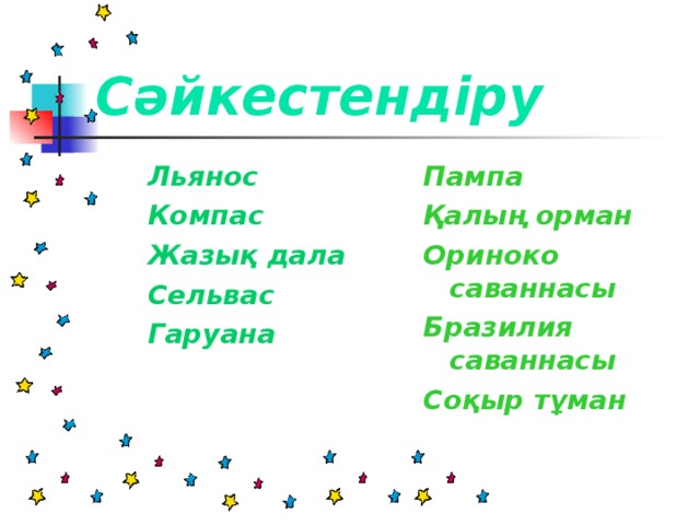 Сәйкестендіру Льянос Компас Жазық дала Сельвас Гаруана Пампа Қалың орман Ориноко саваннасы Бразилия саваннасы Соқыр тұман   