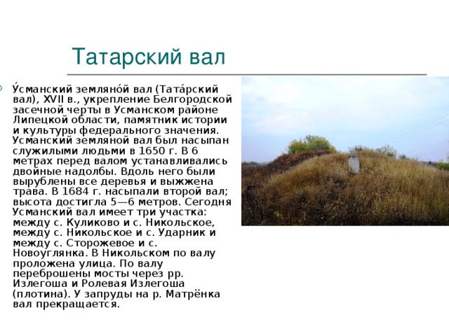 Татарский вал У́сманский земляно́й вал (Тата́рский вал), XVII в., укрепление Белгородской засечной черты в Усманском районе Липецкой области, памятник истории и культуры федерального значения. Усманский земляной вал был насыпан служилыми людьми в 1650 г. В 6 метрах перед валом устанавливались двойные надолбы. Вдоль него были вырублены все деревья и выжжена трава. В 1684 г. насыпали второй вал; высота достигла 5—6 метров. Сегодня Усманский вал имеет три участка: между с. Куликово и с. Никольское, между с. Никольское и с. Ударник и между с. Сторожевое и с. Новоуглянка. В Никольском по валу проложена улица. По валу переброшены мосты через рр. Излегоша и Ролевая Излегоша (плотина). У запруды на р. Матрёнка вал прекращается.    