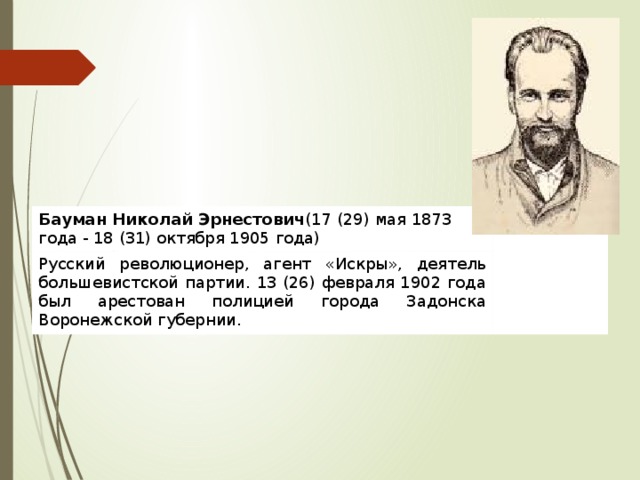 Бауман Николай Эрнестович (17 (29) мая 1873 года - 18 (31) октября 1905 года) Русский революционер, агент «Искры», деятель большевистской партии. 13 (26) февраля 1902 года был арестован полицией города Задонска Воронежской губернии. 