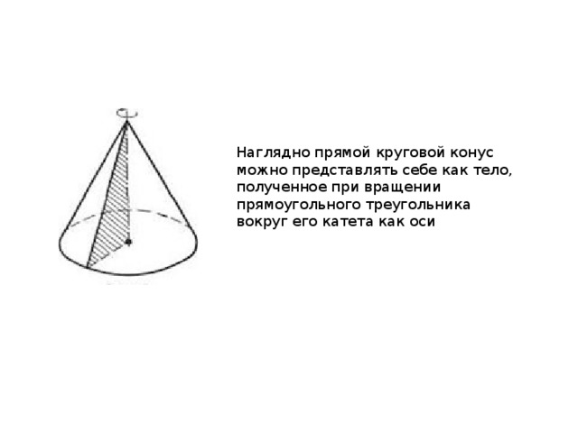 Наглядно прямой круговой конус можно представлять себе как тело, полученное при вращении прямоугольного треугольника вокруг его катета как оси 