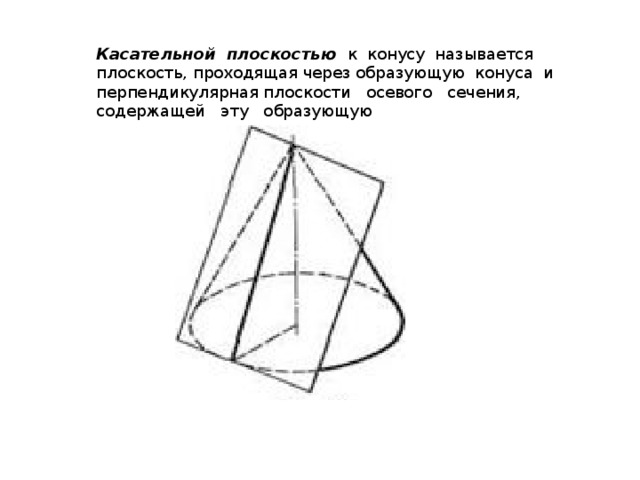 Касательной  плоскостью   к  конусу  называется  плоскость, проходящая через образующую  конуса  и  перпендикулярная плоскости   осевого   сечения,   содержащей   эту   образующую 