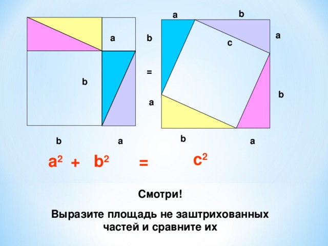 b a a b a c = b b a b a a b с 2 a 2  +  b 2 = Смотри! Выразите площадь не  заштрихованных частей и сравните их 