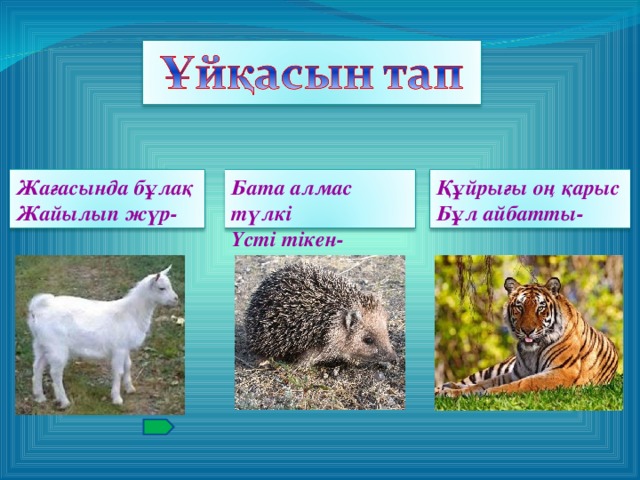 Жағасында бұлақ Жайылып жүр- Бата алмас түлкі Үсті тікен- Құйрығы оң қарыс Бұл айбатты-