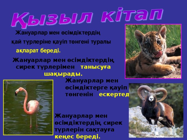 Жануарлар мен өсімдіктердің қай түрлеріне қауіп төнгені туралы  ақпарат береді.  Жануарлар мен өсімдіктердің сирек түрлерімен танысуға шақырады.  Жануарлар мен өсімдіктерге қауіп төнгенін ескертеді. Жануарлар мен өсімдіктердің сирек түрлерін сақтауға кеңес береді.