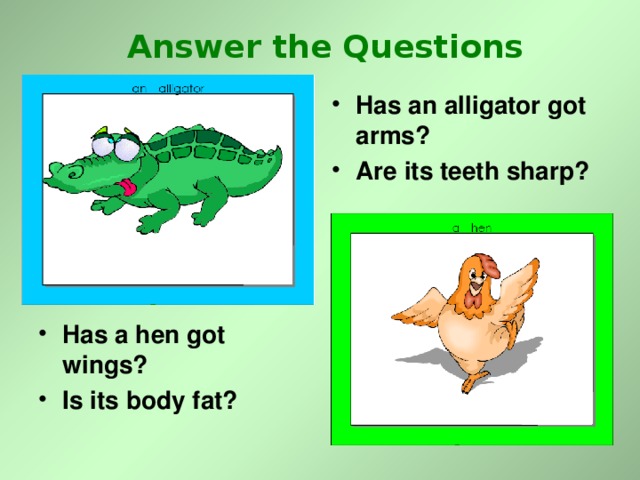 Answer the Questions Has an alligator got arms? Are its teeth sharp? Has a hen got wings? Is its body fat? 
