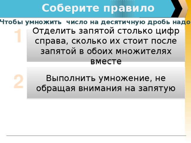 Соберите правило Чтобы умножить число на десятичную дробь надо… 1  2 Отделить запятой столько цифр справа, сколько их стоит после запятой в обоих множителях вместе Выполнить умножение, не обращая внимания на запятую