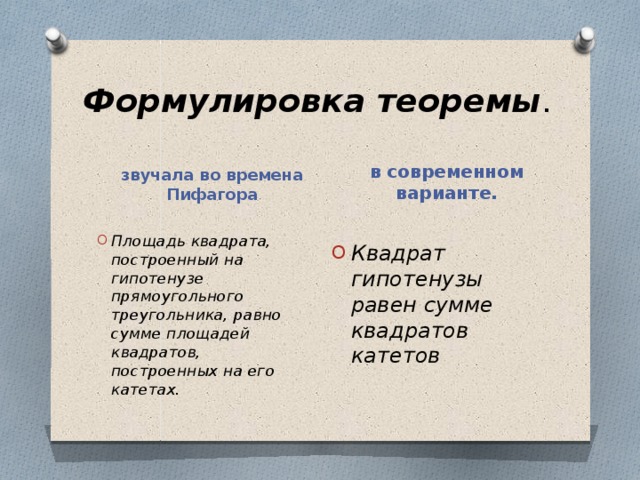 Формулировка теоремы . звучала во времена Пифагора в современном варианте.  Площадь квадрата, построенный на гипотенузе прямоугольного треугольника, равно сумме площадей квадратов, построенных на его катетах.