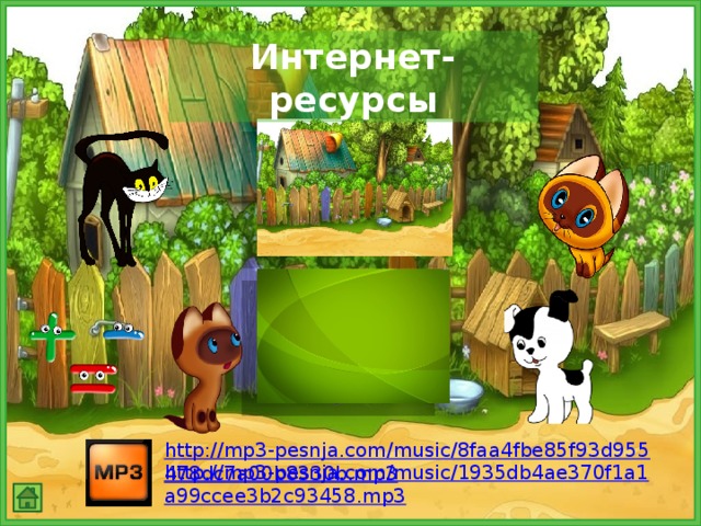 Интернет-ресурсы http://mp3-pesnja.com/music/8faa4fbe85f93d955478dc7a00b8330b.mp3 http://mp3-pesnja.com/music/1935db4ae370f1a1a99ccee3b2c93458.mp3 