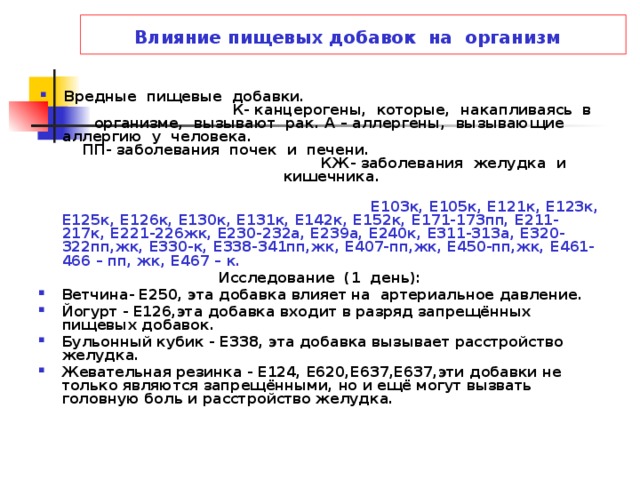 Влияние пищевых добавок на организм  Вредные пищевые добавки. К- канцерогены, которые, накапливаясь в организме, вызывают рак. А – аллергены, вызывающие аллергию у человека. ПП- заболевания почек и печени. КЖ- заболевания желудка и кишечника.  Е103к, Е105к, Е121к, Е123к, Е125к, Е126к, Е130к, Е131к, Е142к, Е152к, Е171-173пп, Е211-217к, Е221-226жк, Е230-232а, Е239а, Е240к, Е311-313а, Е320-322пп,жк, Е330-к, Е338-341пп,жк, Е407-пп,жк, Е450-пп,жк, Е461-466 – пп, жк, Е467 – к. Исследование (1 день): Ветчина- Е250, эта добавка влияет на артериальное давление. Йогурт - Е126,эта добавка входит в разряд запрещённых пищевых добавок. Бульонный кубик - Е338, эта добавка вызывает расстройство желудка. Жевательная резинка - Е124, Е620,Е637,Е637,эти добавки не только являются запрещёнными, но и ещё могут вызвать головную боль и  расстройство желудка.  