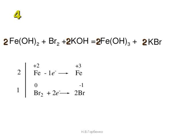 4 Fe(OH) 2 + Br 2 + KOH = Fe(OH) 3 + 2 2 2 2 KBr Н.В.Горбенко 