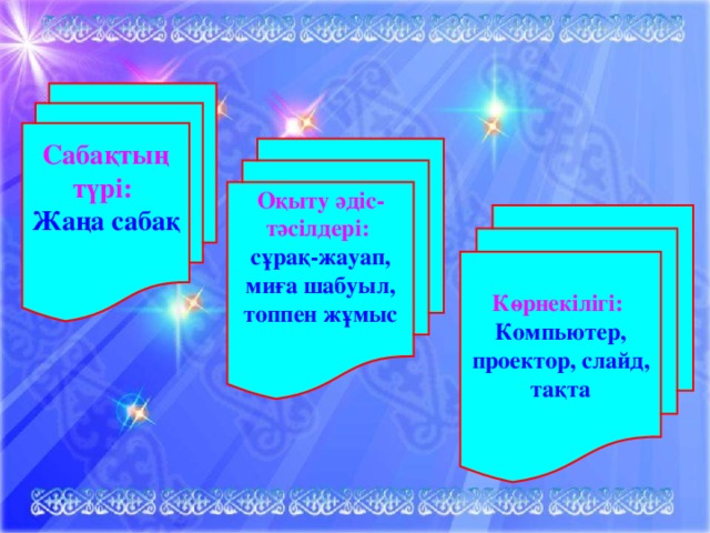 Сабақтың түрі: Жаңа саба қ  Оқыту әдіс-тәсілдері: сұрақ-жауап, миға шабуыл, топпен жұмыс  Көрнекілігі: Компьютер, проектор, слайд, тақта   