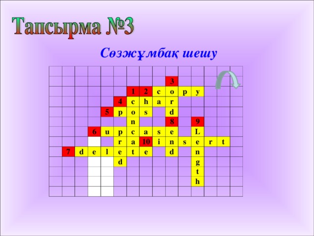 Сөзжұмбақ шешу                                                                           4 5   1         2 p     7   c   6     o h     3   c d u   o s     p n     e     a r r           p     l   c d y       e   a a           10     d     8       t s     i e   e             n     9                     L     d   s   e                           r   n g   t             t         h                           