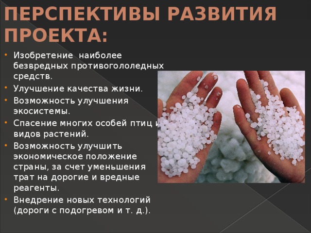 ПЕРСПЕКТИВЫ РАЗВИТИЯ ПРОЕКТА: Изобретение наиболее безвредных противогололедных средств. Улучшение качества жизни. Возможность улучшения экосистемы. Спасение многих особей птиц и видов растений. Возможность улучшить экономическое положение страны, за счет уменьшения трат на дорогие и вредные реагенты. Внедрение новых технологий (дороги с подогревом и т. д.). 