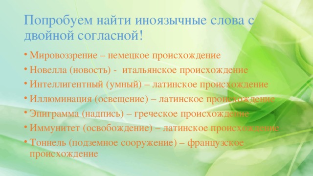 Попробуем найти иноязычные слова с двойной согласной! Мировоззрение – немецкое происхождение Новелла (новость) - итальянское происхождение Интеллигентный (умный) – латинское происхождение Иллюминация (освещение) – латинское происхождение Эпиграмма (надпись) – греческое происхождение Иммунитет (освобождение) – латинское происхождение Тоннель (подземное сооружение) – французское происхождение 