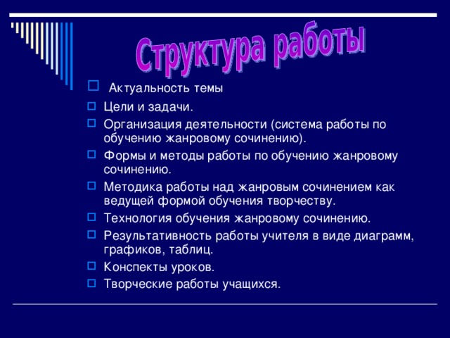  Актуальность темы Цели и задачи. Организация деятельности (система работы по обучению жанровому сочинению). Формы и методы работы по обучению жанровому сочинению. Методика работы над жанровым сочинением как ведущей формой обучения творчеству. Технология обучения жанровому сочинению. Результативность работы учителя в виде диаграмм, графиков, таблиц. Конспекты уроков. Творческие работы учащихся.    
