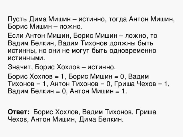 Пусть Дима Мишин – истинно, тогда Антон Мишин, Борис Мишин – ложно. Если Антон Мишин, Борис Мишин – ложно, то Вадим Белкин, Вадим Тихонов должны быть истинны, но они не могут быть одновременно истинными. Значит, Борис Хохлов – истинно. Борис Хохлов = 1, Борис Мишин = 0, Вадим Тихонов = 1, Антон Тихонов = 0, Гриша Чехов = 1, Вадим Белкин = 0, Антон Мишин = 1.  Ответ: Борис Хохлов, Вадим Тихонов, Гриша Чехов, Антон Мишин, Дима Белкин. 