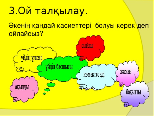 3.Ой талқылау. Әкенің қандай қасиеттері болуы керек деп ойлайсыз? 