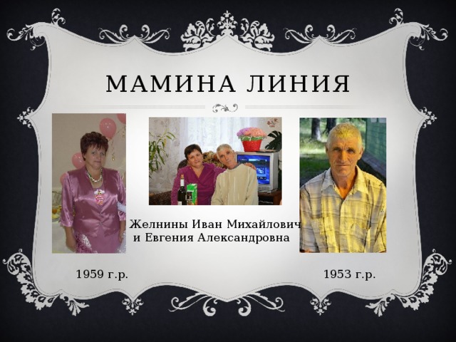 Мамина линия Желнины Иван Михайлович  и Евгения Александровна 1959 г.р. 1953 г.р. 