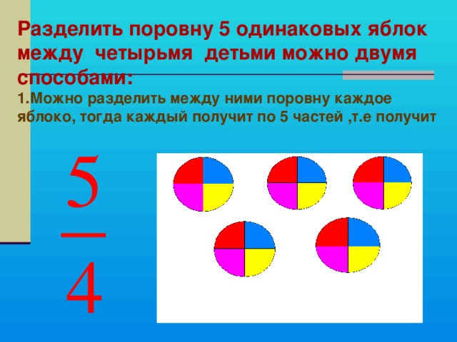 Разделить поровну 5 одинаковых яблок между четырьмя детьми можно двумя способами: 1.Можно разделить между ними поровну каждое яблоко, тогда каждый получит по 5 частей ,т.е получит 