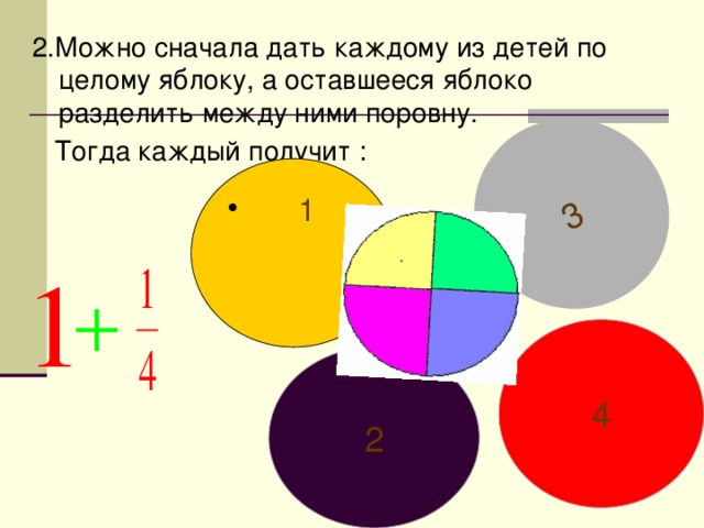 3 2.Можно сначала дать каждому из детей по целому яблоку, а оставшееся яблоко разделить между ними поровну.  Тогда каждый получит :  1 4 2 