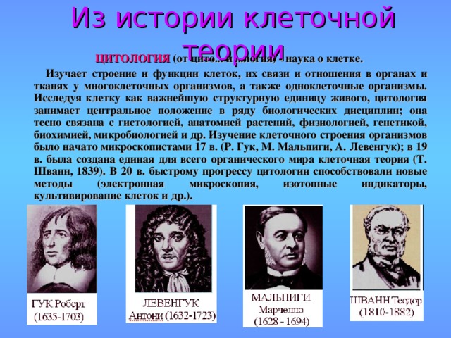 Из истории клеточной теории  ЦИТОЛОГИЯ (от цито... и ...логия) - наука о клетке.  Изучает строение и функции клеток, их связи и отношения в органах и тканях у многоклеточных организмов, а также одноклеточные организмы. Исследуя клетку как важнейшую структурную единицу живого, цитология занимает центральное положение в ряду биологических дисциплин; она тесно связана с гистологией, анатомией растений, физиологией, генетикой, биохимией, микробиологией и др. Изучение клеточного строения организмов было начато микроскопистами 17 в. (Р. Гук, М. Мальпиги, А. Левенгук); в 19 в. была создана единая для всего органического мира клеточная теория (Т. Шванн, 1839). В 20 в. быстрому прогрессу цитологии способствовали новые методы (электронная микроскопия, изотопные индикаторы, культивирование клеток и др.).
