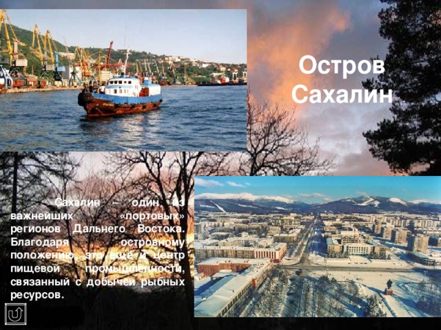 Остров Сахалин  Сахалин – один из важнейших «портовых» регионов Дальнего Востока. Благодаря островному положению, это ещё и центр пищевой промышленности, связанный с добычей рыбных ресурсов. 
