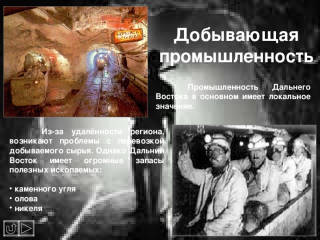 Добывающая промышленность  Промышленность Дальнего Востока в основном имеет локальное значение.  Из-за удалённости региона, возникают проблемы с перевозкой добываемого сырья. Однако Дальний Восток имеет огромные запасы полезных ископаемых:   каменного угля  олова  никеля 