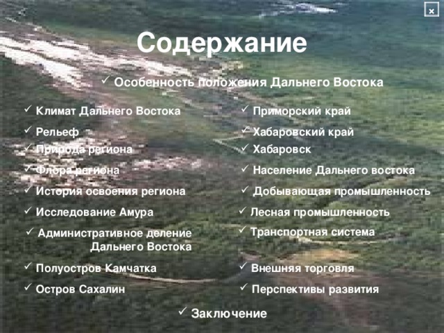 × Содержание  Особенность положения Дальнего Востока  Приморский край  Климат Дальнего Востока  Рельеф  Хабаровский край  Хабаровск  Природа региона  Население Дальнего востока  Флора региона  История освоения региона  Добывающая промышленность  Исследование Амура  Лесная промышленность  Транспортная система  Административное деление  Дальнего Востока  Полуостров Камчатка  Внешняя торговля  Остров Сахалин  Перспективы развития  Заключение 