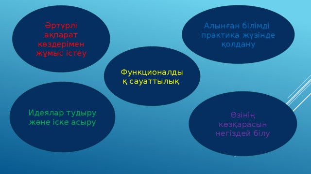 Алынған білімді практика жүзінде қолдану Әртүрлі ақпарат көздерімен жұмыс істеу Функционалдық сауаттылық Идеялар тудыру және іске асыру Өзінің көзқарасын негіздей білу 