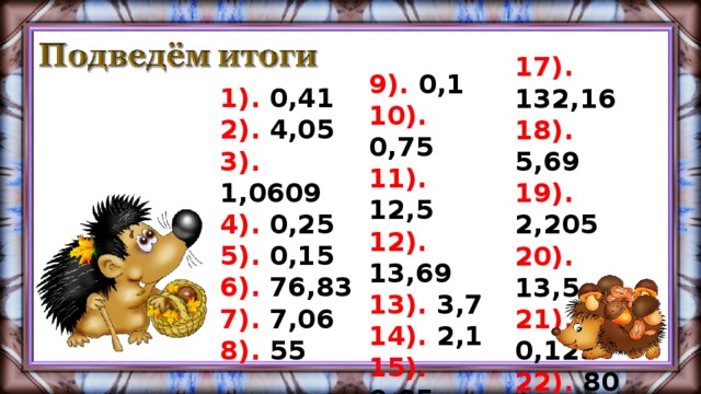 17). 132,16 18). 5,69 19). 2,205 20). 13,5 21). 0,125 22). 80 9). 0,1 10). 0,75 11). 12,5 12). 13,69 13). 3,7 14). 2,1 15). 0,05 16). 1 1). 0,41 2). 4,05 3). 1,0609 4). 0,25 5). 0,15 6). 76,83 7). 7,06 8). 55