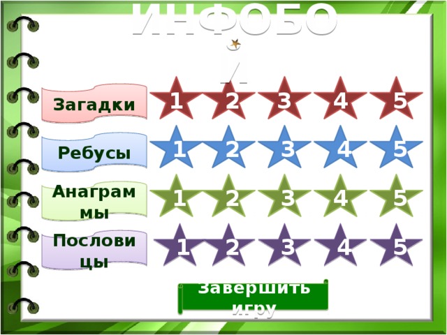 2 3 1 4 5 ИНФОБОЙ 3 2 1 5 4 Загадки 1 2 3 4 5 Ребусы 1 Анаграммы 2 4 3 5 2 3 4 5 Пословицы 1 Завершить игру 