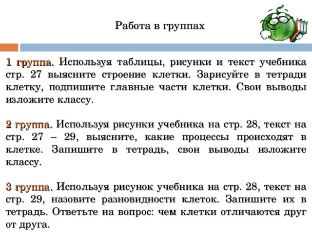 Работа в группах 1 группа. Используя таблицы, рисунки и текст учебника стр. 27 выясните строение клетки. Зарисуйте в тетради клетку, подпишите главные части клетки. Свои выводы изложите классу. 2 группа. Используя рисунки учебника на стр. 28, текст на стр. 27 – 29, выясните, какие процессы происходят в клетке. Запишите в тетрадь, свои выводы изложите классу. 3 группа. Используя рисунок учебника на стр. 28, текст на стр. 29, назовите разновидности клеток. Запишите их в тетрадь. Ответьте на вопрос: чем клетки отличаются друг от друга. 