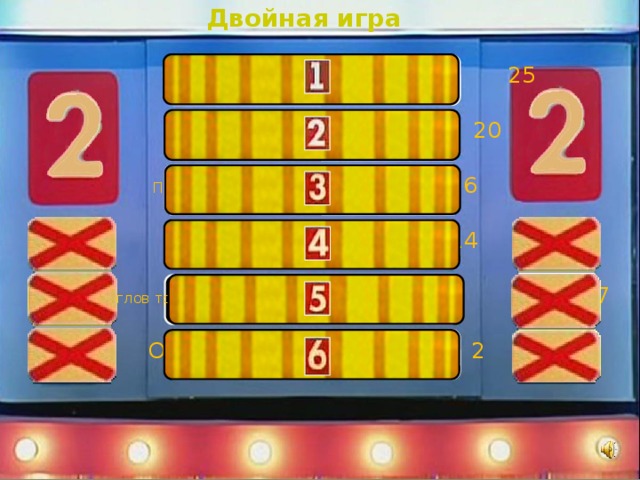 Двойная игра  Пифагора 25  Виета 20  Признаки равенства треугольников 16  Теорема фалеса 14  О сумме углов треугольника 8 7  О трех перпендикулярах 2 