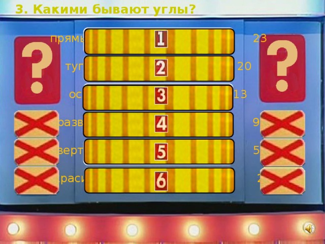 3. Какими бывают углы? прямые 23 тупые 20 острые 13 развернутые 9 вертикальные 5 красивые 2 