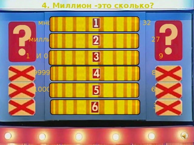 4. Миллион -это сколько? много 32 миллион 27 1 И 000000 9 999999 + 1 8 1000000-1 6  1 лимон 3 