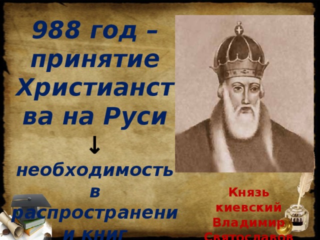 988 год – принятие Христианства на Руси ↓ необходимость в распространении книг Князь киевский Владимир Святославович 