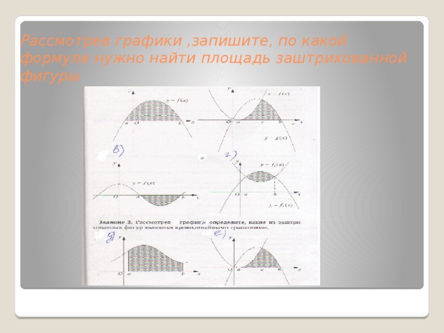       Рассмотрев графики ,запишите, по какой формуле нужно найти площадь заштрихованной фигуры 