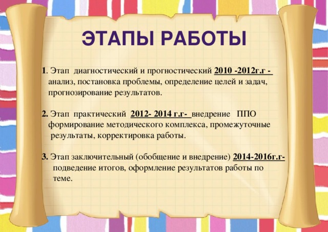 Этапы работы 1 . Этап диагностический и прогностический 2010 -2012г.г -  анализ, постановка проблемы, определение целей и задач,  прогнозирование результатов. 2. Этап практический 2012- 2014 г.г- внедрение ППО  формирование методического комплекса, промежуточные  результаты, корректировка работы. 3. Этап заключительный (обобщение и внедрение) 2014-2016г.г-  подведение итогов, оформление результатов работы по  теме. 