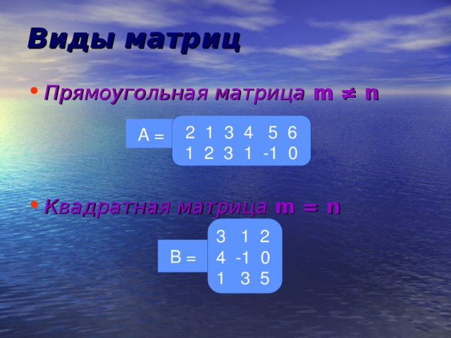 Виды матриц Прямоугольная матрица  m ≠ n    Квадратная матрица  m = n  2 1 3 4 5 6 1 2 3 1 -1 0 А = 3 1 2 4 -1 0 1 3 5 В = 