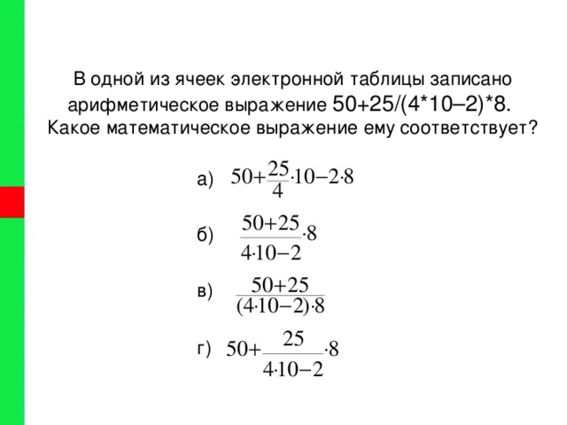 50 25 4 10. В одной из ячеек электронной таблицы записано. Какое математическое выражение соответствует арифметическое. Записать математическое выражение для электронной таблицы. Запишите в электронной таблице математические выражения.