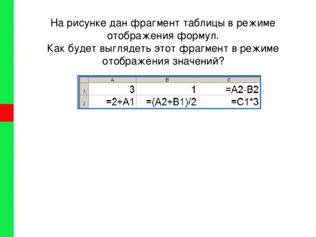 На рисунке дан фрагмент таблицы в режиме отображения формул как будет выглядеть этот фрагмент