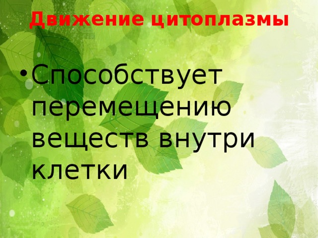 Движение цитоплазмы   Способствует перемещению веществ внутри клетки 