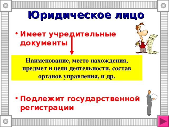 Юридическое лицо Имеет учредительные документы   Подлежит государственной регистрации Наименование, место нахождения, предмет и цели деятельности, состав органов управления, и др. 